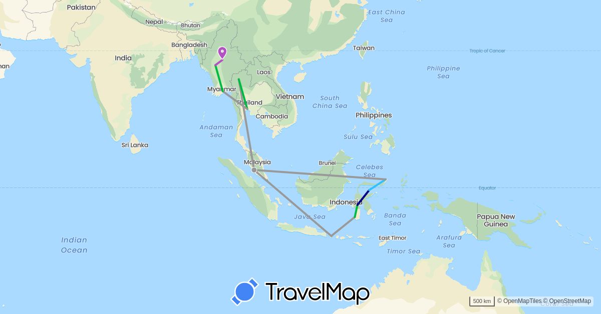 TravelMap itinerary: driving, bus, plane, train, boat in Indonesia, Myanmar (Burma), Malaysia, Thailand (Asia)